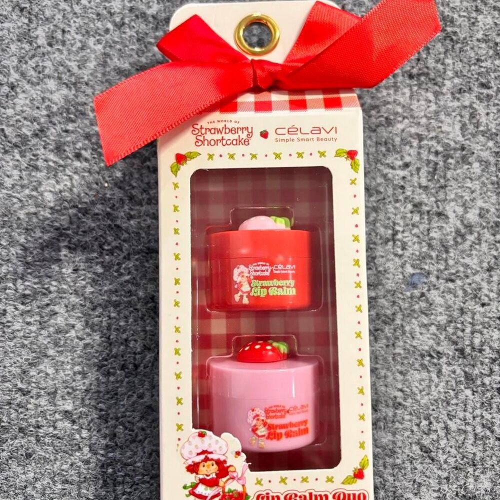 Strawberry Shortcake lip balm duo with strawberry flavor and shea butter